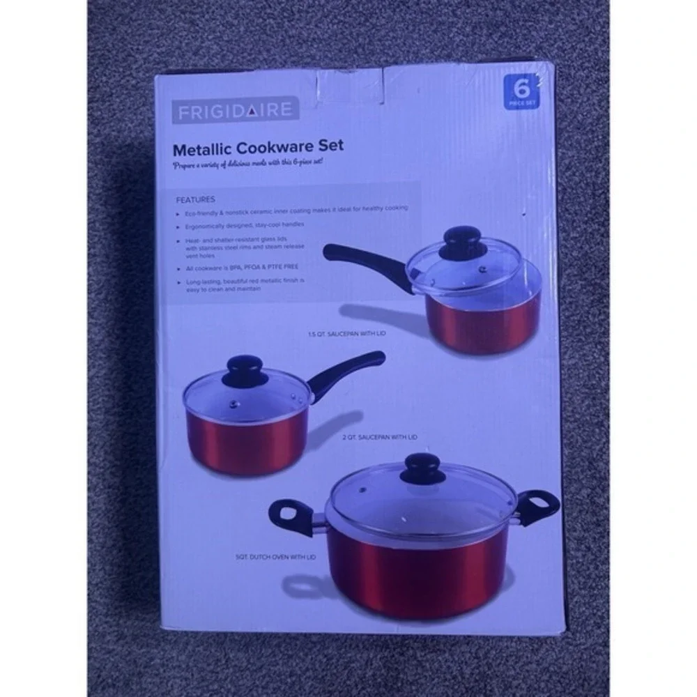 New Frigidaire Metallic Cookware 6 PC Pot Set Red Eco Friendly‎ Nonstick Ceramic